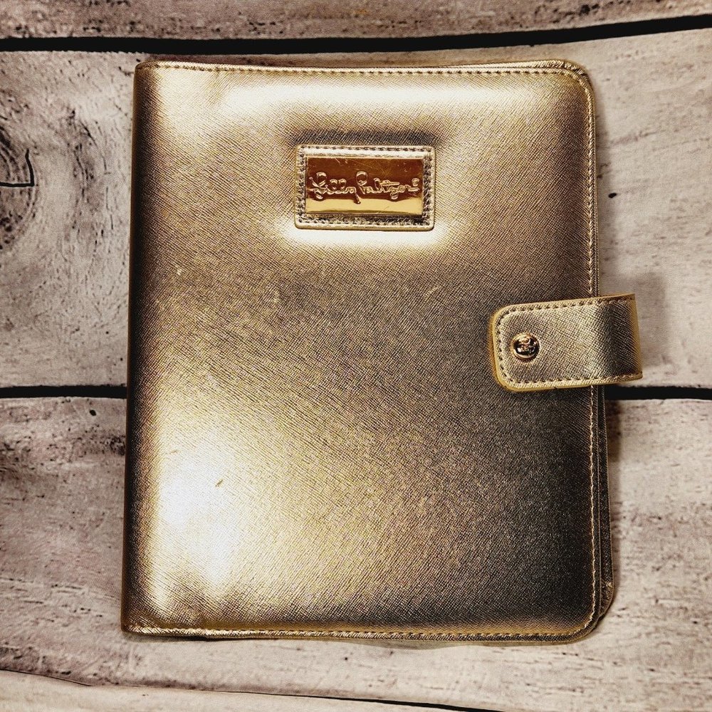 Lilly Pulitzer Agenda Folio Gold Leatherette Cover Interior Pockets Pen Loop